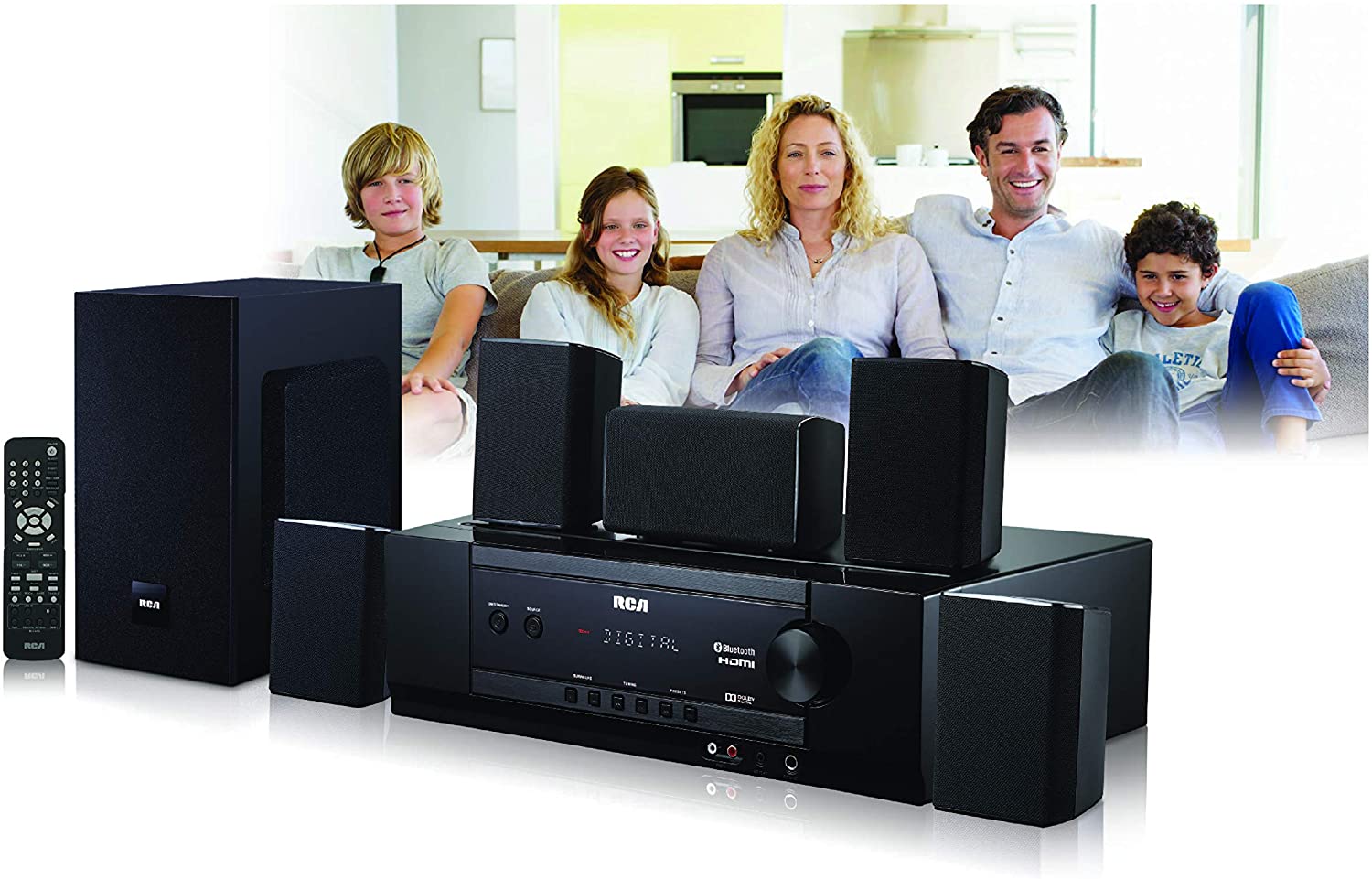 RCA (RT2781HB U) 1000-Watt Audio Receiver Home Theater System - Digital 5.1 Surround Sound & AM/FM Tuner, (Bluetooth and USB Playback) RCA (RT2781HB U) 1000-Watt Audio Receiver Home Theater System - Digital 5.1 Surround Sound & AM/FM Tuner, (Bluetooth and USB Playback)
